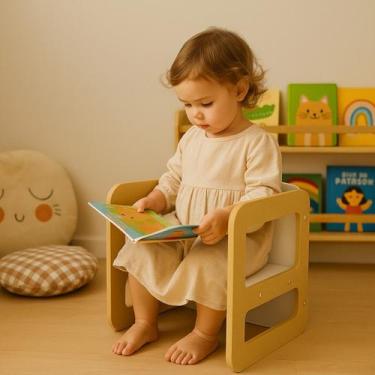 Imagem de Cadeira Cubo Infantil Montessori de Madeira Mesa Banquinho - Junges