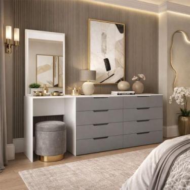 Imagem de Cômoda Madrid 8 Gavetas com Espelho Cinza/Branco - Politorno, Cinza Cl
