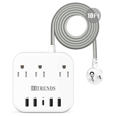 Imagem de Tira de energia, protetor contra surtos HITRENDS com 3 saídas 4 portas USB e 1 porta tipo C (5V/3A), plugue plano angulado, cabo de extensão trançado de 3 m e tomada de energia listada ETL para navio de cruzeiro viagem em casa escritório