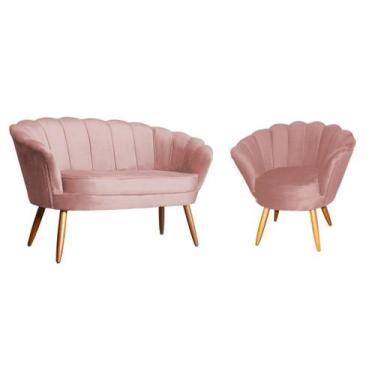 Imagem de Kit Namoradeira + 1 Poltrona Decorativa Pétala Veludo Rosa Pés Madeira