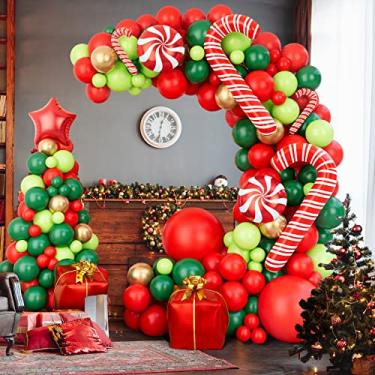 Imagem de Bonropin Kit de arco de guirlanda de balões de Natal 125 peças com balão verde escuro ouro vermelho balão verde fresco e balões de doces caixa de presente balões de estrela vermelha balões ricos para decorações de festa de Natal
