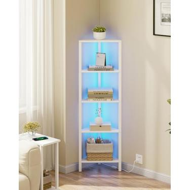 Imagem de TUTOTAK Prateleira de canto com luz LED, estante de canto de 5 camadas para espaço pequeno, suporte de prateleira de canto estreito com rack de armazenamento, para sala de estar, quarto, branco