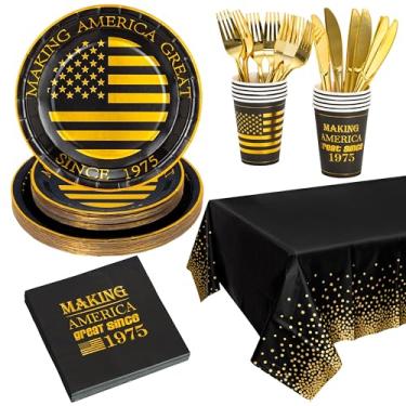 Imagem de Crisky Pratos e Guardanapos de 50 Anos Em Ouro Preto para Homens Decoração de Festa de 50 Anos, Conjunto de 24, Ótimos Desde 1974(Pratos de 9 "E 7", Guardanapo, Xícaras de 9 Onças, Toalha de Mesa de 1