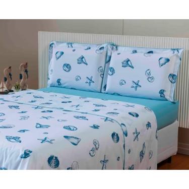 Imagem de Jogo De Cama Queen 100% Algodão Aba Americana Andreza - 4 Peças (Concha Azul)