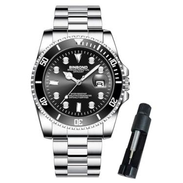 Imagem de BINBOND Relógios masculinos de aço inoxidável, com bisel giratório, clássico, à prova d'água, luminoso, luxuoso, mostrador grande, data de negócios, relógio de pulso masculino, Prateado, preto,