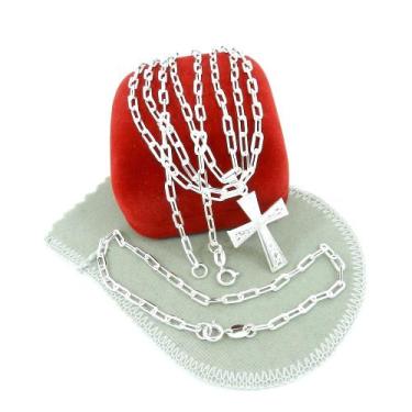 Imagem de Corrente Masculina 70cm 3mm Cruz Pulseira Folheada Prata CR697 - WNBIJ