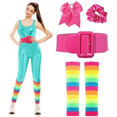 Imagem de SATINIOR Conjunto de acessórios de fantasia de boneca feminina e feminina, macacão de malha dos anos 80, cinto de couro envernizado, laço de cabelo (turquesa, grande)