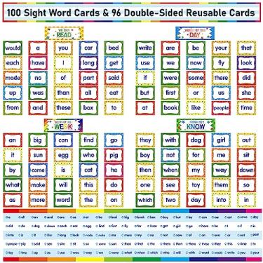 Imagem de SpriteGru Cartões de Palavras de Primeira Vista, 100 Cartões de Primeiras Palavras e 96 Cartões de Tabela Em Branco Apagáveis de Dois Lados com Um Bolso para Leitura Inicial, Leitu (Médio,)