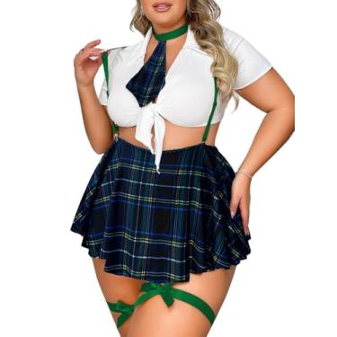 Imagem de ShawGobow Roupa sexy plus size, top cropped de gravata e minissaia xadrez, conjunto de lingerie cosplay para mulheres curvilíneas, verde esmeralda, 2GG
