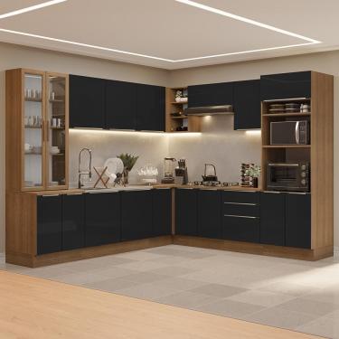 Imagem de Cozinha Completa Lux 16 Portas 3 Gavetas MDF 566cm Preto Rustic com Cristaleira