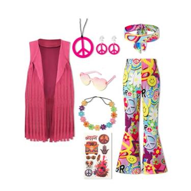 Imagem de Conjunto de acessórios hippie hippie para meninas dos anos 60, 70, colete com franja, calça rodada, hippie (rosa, 8 a 9 anos)
