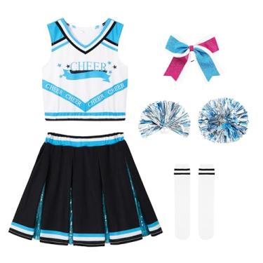 Imagem de LOLANTA Teenager Girls Cheerleader Outfit Cheer Uniform Halloween Costume for School Spirit Days (Lake Blue, 12-13 Years)