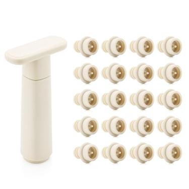 Imagem de WOTOR Bomba de vácuo Wine Saver com 20 rolhas, rolha e preservador de vinho, seladora de garrafa reutilizável mantém fresca, presente de acessórios ideais, alça plana (creme)