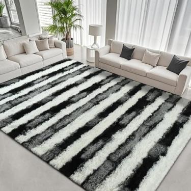 Imagem de FALARK Tapete felpudo grande de 15 x 23 cm, tapetes listrados preto e branco para sala de estar, tapete lavável antiderrapante moderno para ambientes internos, tapetes peludos para decoração de quarto