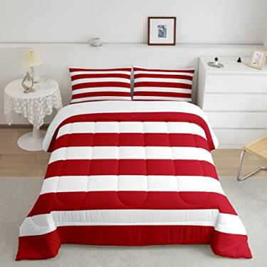 Imagem de Jogo de cama Queen listrado vermelho e branco para crianças, meninos e meninas, tamanho Queen, listras geométricas para adultos, arte abstrata moderna, enchimento de edredom com 2 fronhas, leve e