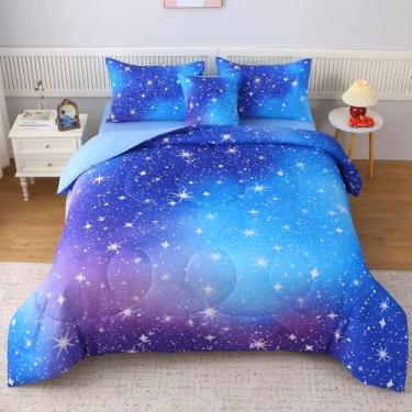 Imagem de JQinHome Conjunto de edredom Queen azul ombré, 6 peças em uma bolsa, colorido 3D, para meninas adolescentes (1 edredom, 2 fronhas, 1 lençol de cima, 1 lençol com elástico, 1 capa de almofada) (azul
