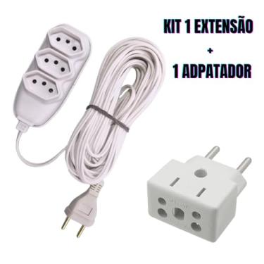 Imagem de Kit Extensão Elétrica 3 Tomadas Bivolt com Cabo de 2m/3m + Adaptador 10A/20A, Branco (Extensao 3M + Adaptador)