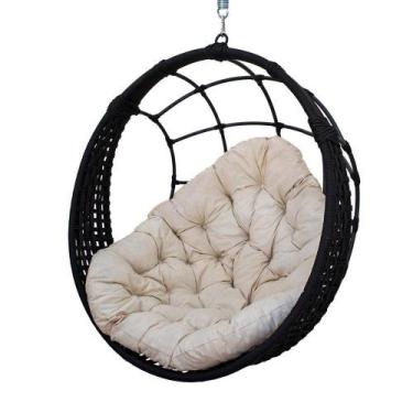 Imagem de Balanço Suspenso Ninho Corda Náutica Preta Almofada Impermeável Branco