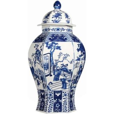 Imagem de AKALNNB Vasos de cerâmica e gengibre com tampa para decoração de casa azul e branco, vaso de templo de personagem porcelana chinesa grandes vasos de flores secas decoração para sala de estar