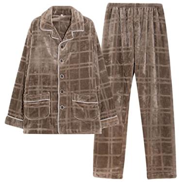 Imagem de ifgswopq Conjunto de pijama masculino de flanela macia de inverno grosso conjuntos de roupa de dormir de manga comprida com botões casuais (marrom XX)