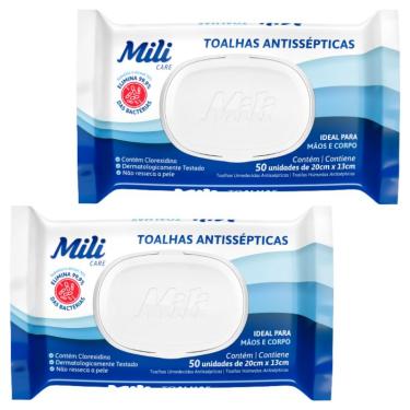 Imagem de Lenço Umedecido ou Toalhas Antissépticas Mili  2 pacotes c/ 50 (total: 100 toalhas)