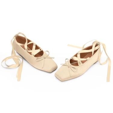 Imagem de Perisis Sapatilhas femininas de cetim com laço rosa claro e bailarina com cadarço e tiras Mary Janes, Bege, 35