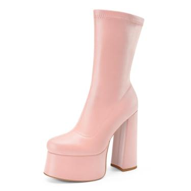 Imagem de Perisis Bota feminina de cano curto com plataforma GoGo, salto alto, redondo, com zíper, de couro, cano médio, para festa rave, Poliuretano rosa bebê, 36