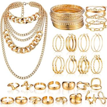 Imagem de Tondiamo Conjunto de 40 peças de joias de ouro grosso para mulheres, 1 colar de hip hop punk cubano multicamadas dos anos 80, 16 pulseiras e pulseiras empilháveis, 8 pares de brincos de argola, 15