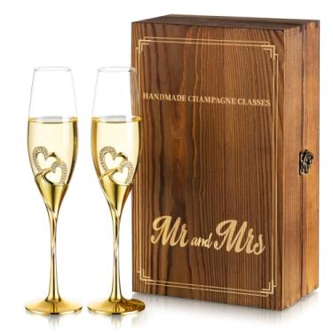 Imagem de Nuptio Copas champanhe cristal casamento: Conjunto de 2 copas champanhe douradas com caixa de presente de madeira, par copos prosecco casais, namorada e namorado noivado aniversário despedida solteira jogos presente Brindis