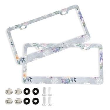 Imagem de SEHANY Molduras de placa de licença de flores florais coloridas, capas de moldura de placa de carro de alumínio à prova de ferrugem com orifícios elípticos e parafusos serve para veículos padrão dos