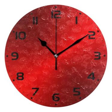 Imagem de JUZIHAI Relógio de parede liso vermelho cor sólida silencioso, sem tique-taque, relógios de parede redondos operados por bateria, fácil de ler, relógio decorativo de parede para casa, cozinha, sala de