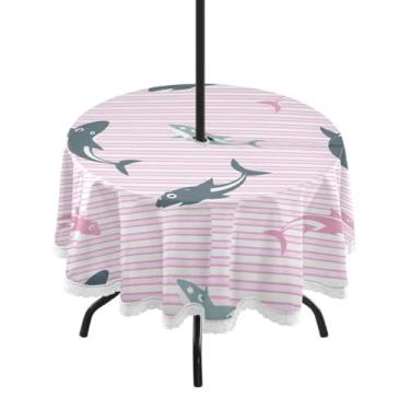 Imagem de Qilmy Toalha de mesa redonda à prova d'água Sharks Playful de 152 cm com orifício para guarda-chuva e zíper – uso externo / interno resistente para pátio, churrascos, piqueniques, festas (serve para