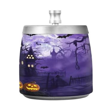 Imagem de Qilmy Cinzeiro de aço inoxidável com tampa para morcegos abóboras de Halloween - Cinzeiro de cigarro à prova de vento sem cheiro sem fumaça para casa, escritório, carro, pátio, varanda (uso interno e