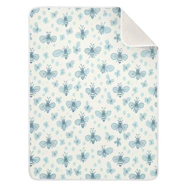 Imagem de Qilmy Cobertor de bebê pequeno com abelhas azuis 76 x 101 cm, cobertor infantil de algodão macio para meninos e meninas, cobertor infantil leve e quente para berço, carrinho de bebê, soneca