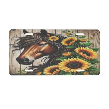 Imagem de Placa de licença de girassol de cavalo de madeira para placas dianteiras do carro Metal de alumínio adequado para caminhão placa de porta de carro bar café acessórios automotivos para homens mulheres
