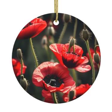 Imagem de Linda estampa de flores de papoula vermelha para pendurar em cerâmica redonda, pingentes de porcelana, decoração criativa de Natal