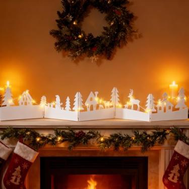 Imagem de Inweder Decorações de Natal com faixa de luz: 100 x 13 cm LED dobrável decoração de Natal de inverno com temporizador para lareira - Suporte de vela de silhueta de metal branco para prateleira de