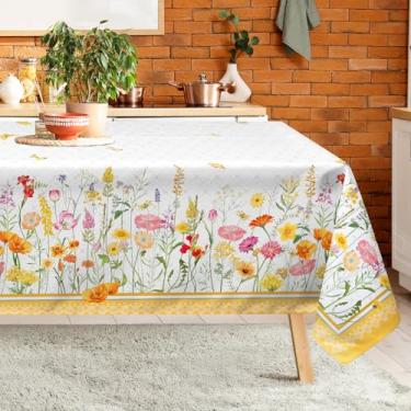 Imagem de Arquiel Toalha de mesa retangular floral amarela, lavável na máquina, toalha de mesa de primavera, 264 x 152 cm, capa de mesa decorativa rústica de poliéster para jantar, cozinha, festa, ao ar livre