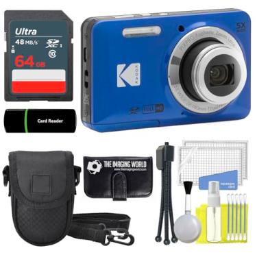 Imagem de Câmera digital Kodak PIXPRO FZ55 azul de 16 MP, zoom óptico de 5x, ângulo amplo de 28 mm, 1080p, câmera LCD Full HD de 2,7 polegadas + cartão e leitor de 64 GB + capa + carteira de memória + tripé +