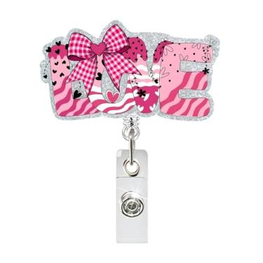 Imagem de Carretel de crachá Love Valentines com laço coração rosa leopardo design glitter porta-crachá escalável enfermeira carretel de crachá para estudantes de enfermagem médico RN CNA LPN MA professores