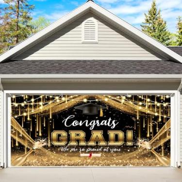 Imagem de Banner de porta de garagem de formatura 2,1 x 4,9 m Class Of 2025 Congrats Grad pano de fundo preto e dourado decorações de festa de formatura grande parabéns graduado fundo de festa de formatura capa