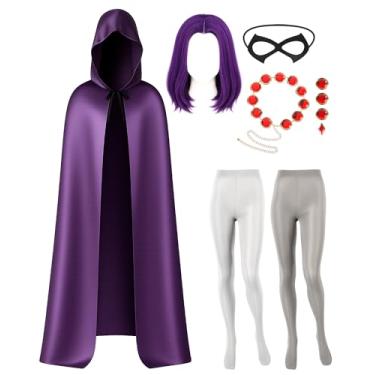 Imagem de Chicingyou Conjunto de cosplay de manto roxo para fantasia feminina de Halloween inclui peruca curta roxa máscara preta com capuz capa vermelha gema conjunto de cinto de cintura meia-calça de cintura