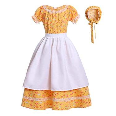 Imagem de Vibsion Fantasia De Pioneira Para Meninas, Vestido Peregrina, Floral Crianças, Vila Colonial, Conjunto Avental E Touca Amarela