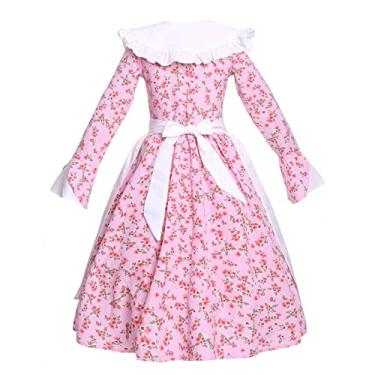 Imagem de Vibsion Fantasia De Pioneira Da Pradaria Para Meninas, Vestido Peregrina, Conjunto Avental Floral, Estilo Colonial, Rosa, Gg