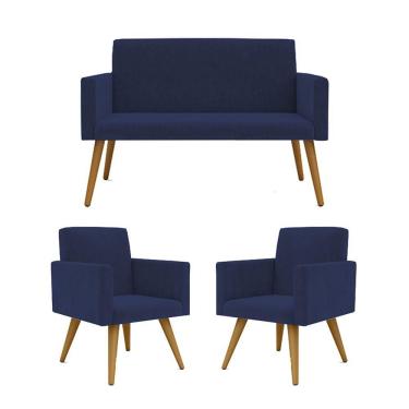 Imagem de Kit Sofá Namoradeira + 2 Poltronas Sala Estar Balaqui Decor Cor:azul Marinho
