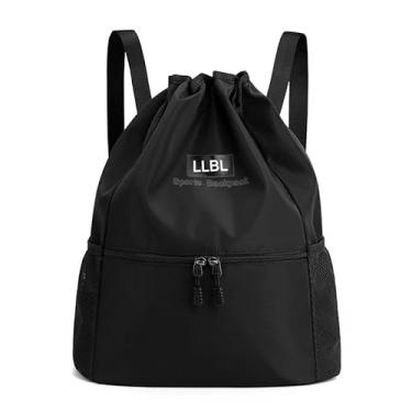 Imagem de Bolsa com cordão, mochila leve com suporte para garrafa de água e bolsos, mochila esportiva de ginástica, Preto, 20L, Esportes