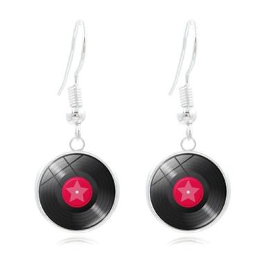 Imagem de Brincos pendentes de disco de vinil vermelho para mulheres, adolescentes e meninas dos anos 80, vintage, retrô, longo, preto, tocador, DJ, música, metal, fonógrafo, círculo, brincos de gancho para