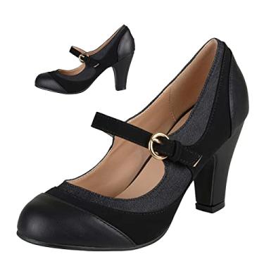 Imagem de SHODENSE Sapatos femininos salto gatinho Mary Jane bico redondo fechado tira no tornozelo patchwork confortável 7,5 cm salto médio grosso Mary Jane bico dois tons fivela sapatos senhoras festa casamento vintage 4-11 M EUA, Patchwork preto, 8