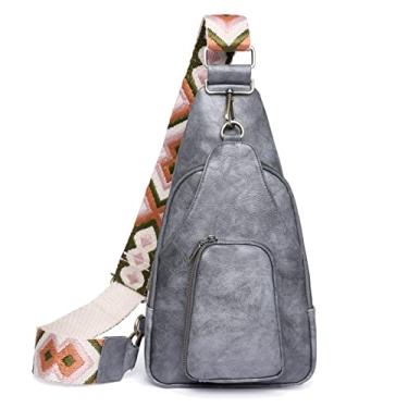 Imagem de KlaOYer Bolsa de couro feminina tiracolo pequena pochete bolsas de peito com alça de guitarra para Gril Lady, Cinza 2