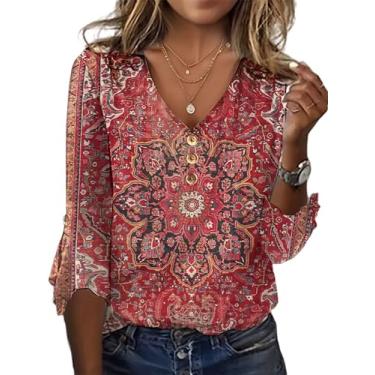 Imagem de Camiseta feminina casual étnica de malha boho étnica estampa floral camiseta manga 3/4 abotoada verão camisa mexicana, Vermelho, XXG